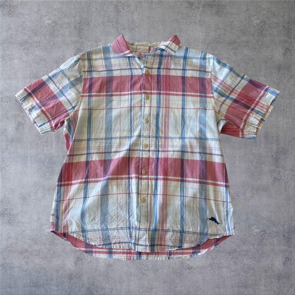 Tommy Bahama Shirt Mens Med Short Sleeve Cotton Plaid Summer Button Up Pink Blue